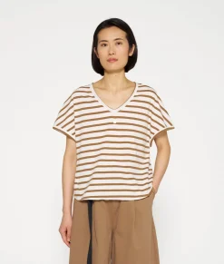 10DAYS T-Shirts^V-neck Tee Stripes ecru/cedar brown